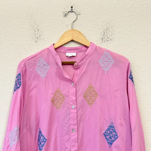 J. JILL Tunic Shirt Camellia Pink Embroidered Cotton Button Up LS Boho - Picture 6 of 12
